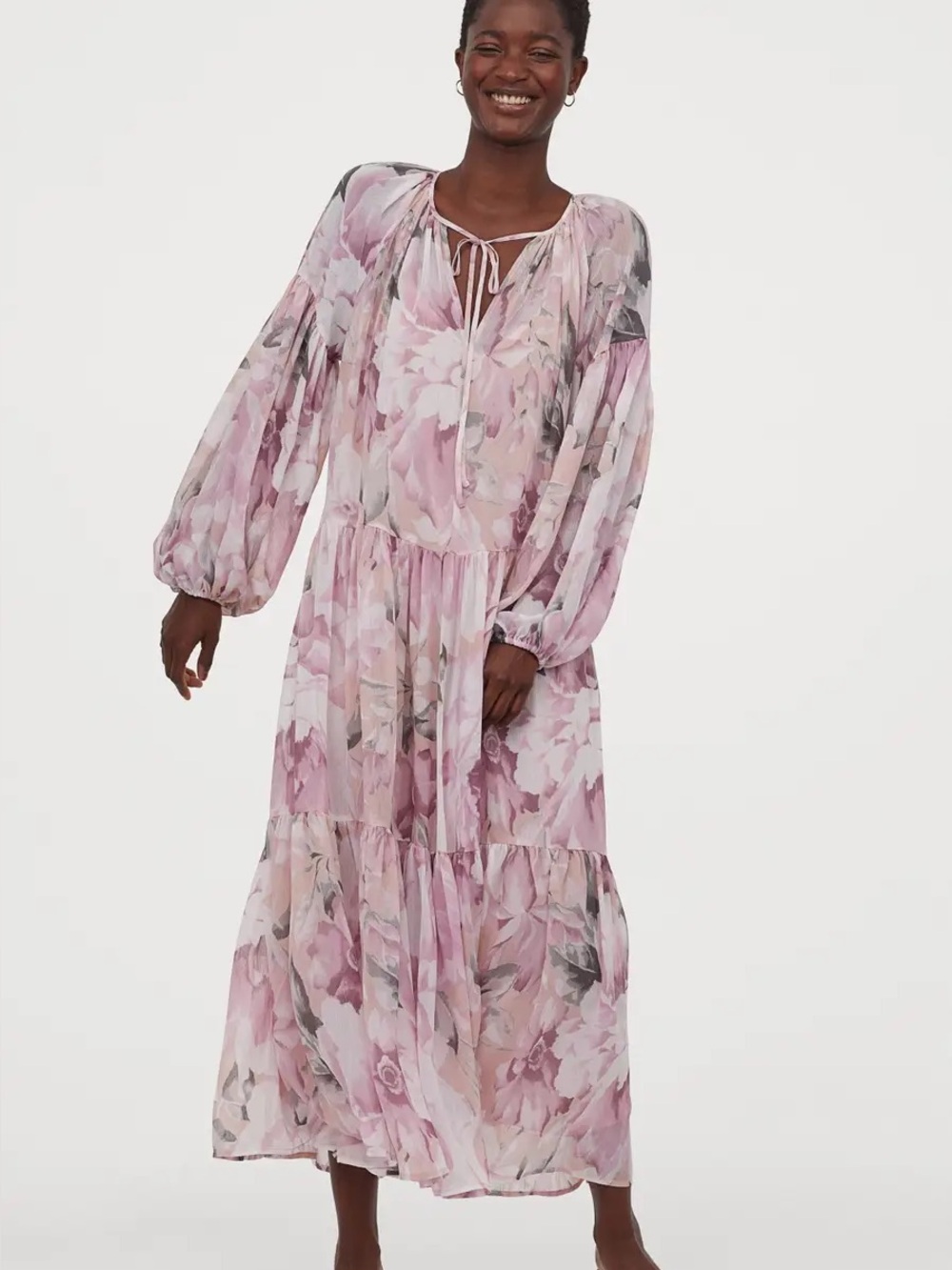 H&M Pink Floral Chiffon Tiered Midi Dress with Tie-Neck